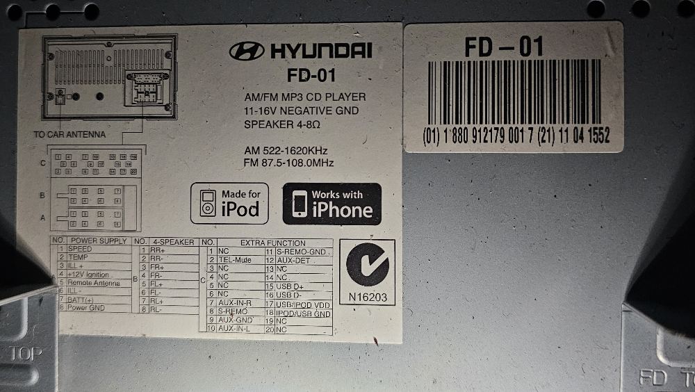 Hyundai MP3 FD-01 radio label with the GS1 barcode - the code comes from the last 4 digits
